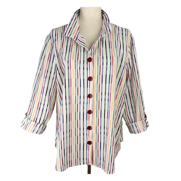 Ali Miles Size XL Striped Button Front Wired Collar Roll Tab Tunic Top - Picture 4 of 8